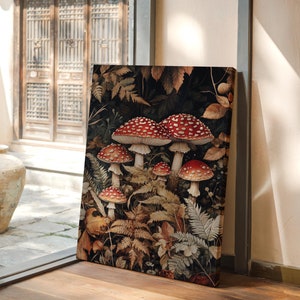 Roter Fliegenpilz im Wald - Vintage botanische Leinwand Kunst, rustikale Natur für Cottagecore und Woodland Vibes