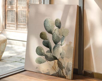 Decorazione murale con cactus del deserto in acquerello, stampa botanica minimalista di fico d'India, decorazione neutra in stile sud-ovest per interni moderni in stile boho o terroso.