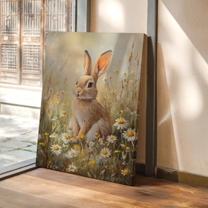 Charming Bunny in Wildflower Meadow - Cottagecore Animal Canvas Art for Rustic Nature-Inspired Home Decor