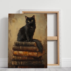May include: A black cat sits atop a pile of antique, leather-bound books. The cat has yellow eyes and a long tail that drapes over the books. The background is a light brown.
