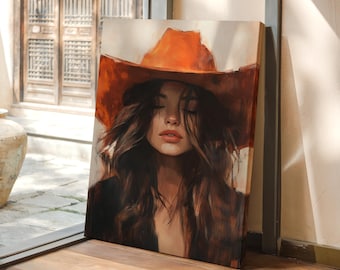 Cowgirl Canvas Wall Art | Rustic Woman in Orange Hat | Western Oil Painting Portrait | Farmhouse Western Decor for Country Homes