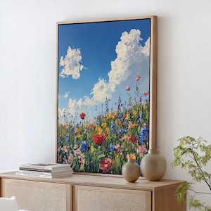 Colorful Wildflower Field Canvas - Vibrant Summer Meadow Under Blue Sky - Nature-Inspired Wall Art for Home or Office Decor