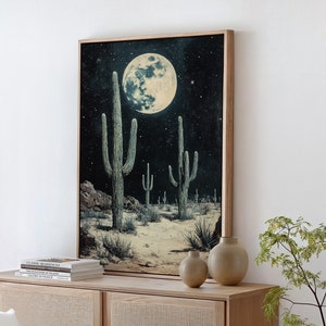 Moonlit Desert Cactus Canvas Art - Full Moon and Starry Night Southwest Landscape for Rustic and Boho Wall Decor
