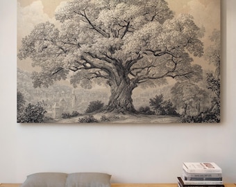 Vintage Tree Illustration Canvas Wall Art, Detailed Black and White Nature Drawing, Antique Style Landscape Print for Rustic Home Decor