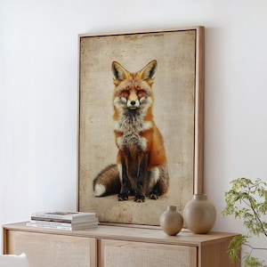 Vintage Fox Canvas Art, Rustic Woodland Animal Print, Cottagecore Decor, Realistic Wildlife Wall Art for Living Room or Cabin