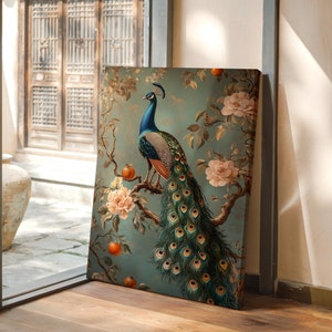 Elegant Peacock Canvas Art – Vibrant Bird on Floral Tree – Luxe Wall Decor with Intricate Feathers and Vintage Charm
