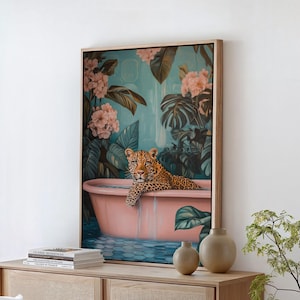 Leopard in Pink Tub Canvas Art - Exotic Jungle Aesthetic with Lush Monstera Leaves, Pink Florals & Luxurious Tropical Wildlife Wall Decor