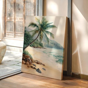 Tropical Palm Tree Beach Canvas Wall Art, Watercolor Ocean Coastal Poster, Serene Island Wall Decor for Beach House or Relaxation Room