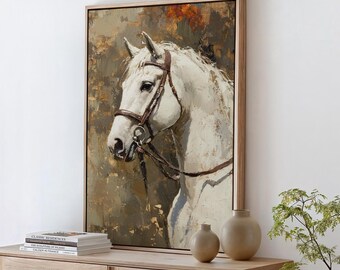 Majestic White Horse Oil Painting | Equestrian Canvas Art | Rustic Farmhouse Wall Decor for Living Room or Office | Horse Lover's Gift