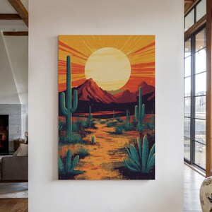 Desert Sunset Cactus Print | Bold Southwest Landscape Wall Art | Vibrant Desert Scene Canvas | Cactus Artwork for Southwestern Decor