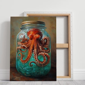 Lebhafter Oktopus im Einmachglas - Einzigartige nautische Leinwand Kunst für Küstenhäuser und Meeresleben-Enthusiasten