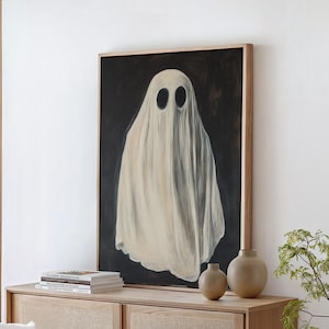 Vintage Ghostly Figure in Draped White Sheet - Haunting Minimalist Oil Painting for Gothic Halloween Wall Art and Spooky Decor