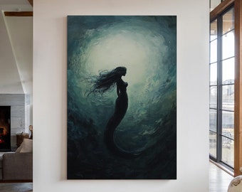 深海の人魚の幻想的なシルエットのキャンバスアート、神秘的な水中の壁の装飾、ファンタジーな海の家のアクセント