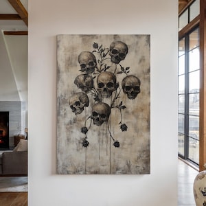 Gothic Skull Floral Canvas Art, Dark Botanical Wall Decor, Macabre Black Rose Skull Painting for Alternative Home Style