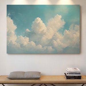 Himmlischer Himmel Leinwand Wandkunst | Verträumte weiße Wolken bei strahlend blauem Himmel Friedliche christlich inspirierte Vintage Ölgemälde Druck