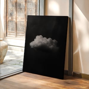 Minimalist Black and White Cloud Wall Art – Floating Cloud on Dark Background Canvas for Moody Modern, Gothic, and Monochrome Decor