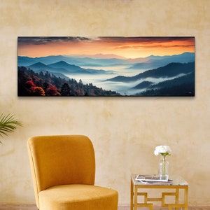 Great Smokey Mountains Sunset Photo Style Painting Canvas Print, Tennessee, North Carolina Landscape Wall Art, Ready To Hang