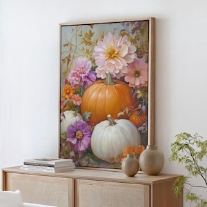 Autumn Pumpkin Floral Canvas Art - Rustic Fall Wall Decor - Vibrant Seasonal Painting for Home - Cozy Harvest Aesthetic Gift
