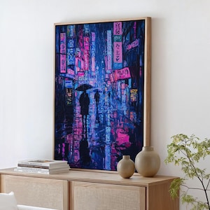 Cyberpunk Cityscape Canvas Art - Neon Rainy Street Scene Wall Decor - Futuristic Nightlife Artwork with Vibrant Colors and Umbrellas