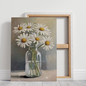 White Daisies in Glass Bottle - Vintage Floral Oil Painting Wall Art - Rustic Cottagecore Decor for Farmhouse Style