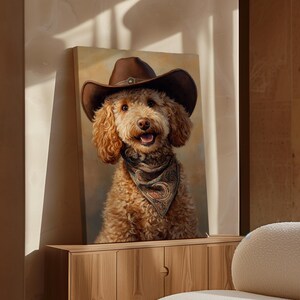 Cowboy Dog Canvas Art, Western Rustic Farmhouse Decor, Country Poodle Wall Print, Funny Dog Portrait, Rodeo Puppy Painting