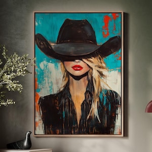 Modern Western Cowgirl Wall Art - Bold Abstract Cowboy Hat Portrait Print for Stylish Southwestern and Rustic Country Home Decor