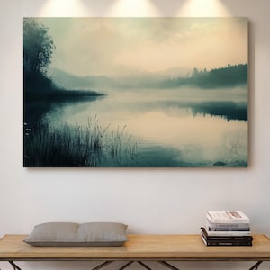 Misty Lake Canvas Art, Foggy Mountain Landscape Print, Serene Nature Wall Decor, Tranquil Water Reflection Painting