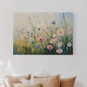 Vibrant wildflower meadow canvas wall art featuring colorful pink, yellow, and blue flowers in an oil painting style. Perfect for farmhouse, cottagecore, or botanical-inspired home décor.