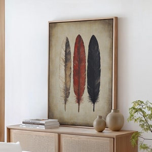 Rustic Feather Wall Art: Beige, Red, and Black Feathers on Vintage Texture for Nature-Inspired Decor