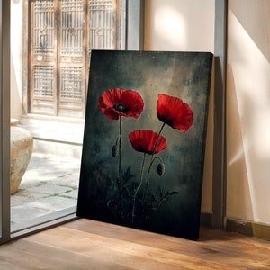 Art fleur de pavot rouge - peinture à l'huile vintage, toile botanique sombre, décoration murale florale élégante, affiche de pavot de mauvaise humeur pour la maison