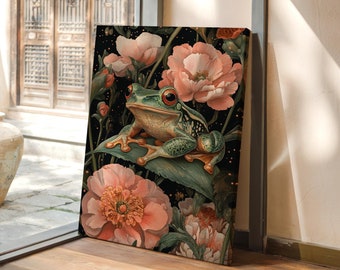 ヴィンテージ カエル ウォール アート、植物両生類キャンバス、コテージコア自然プリント、気まぐれな野生動物の装飾、魅惑の森のイラスト