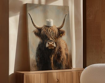 Funny Highland Cow Bathroom Art, Rustic Farmhouse Canvas, Toilet Paper Highland Cow Print for Country Wall Decor