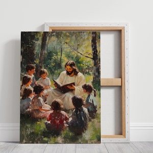 Jesus Reading to Children Canvas - Inspirational Christian Wall Art, Faithful Biblical Scene, Spiritual Home Decor, Religious Gift