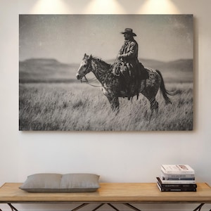 Cowboy on Horseback Black and White Canvas Wall Art | Western Ranch Rider Photography Print | Rustic Farmhouse Country Western Decor