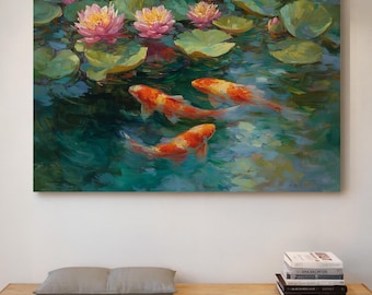 Koi Fish and Lotus Flowers Canvas Wall Art, Vibrant Pond Painting with Orange Koi, Water Lilies, and Green Lily Pads, Tranquil Home Decor