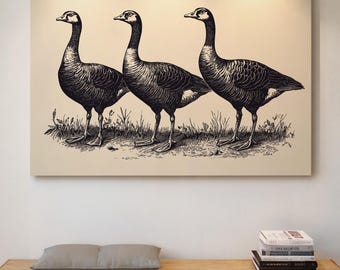 Vintage Gans Trio Illustration - Antike Bauernhof Tier Tuschezeichnung auf cremefarbenen Hintergrund für rustikale ländliche Wandkunst Dekor
