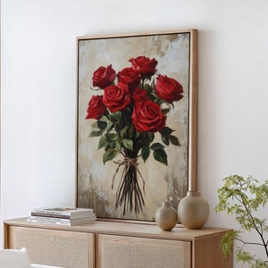 Red Rose Bouquet Canvas Wall Art - Romantic Floral Painting, Rustic Vintage Decor, Elegant Flower Artwork for Home or Gift