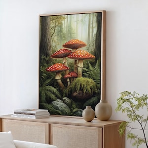 Enchanted Forest Mushroom Canvas Art - Vibrant Amanita Mushrooms in Woodland Scene, Nature-Inspired Wall Decor