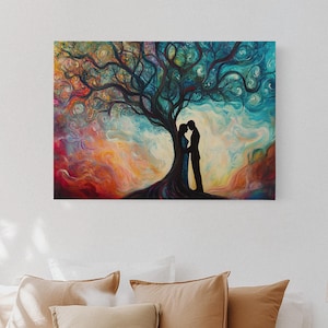 Romantic Couple Under Colorful Tree Canvas Wall Art – Vibrant Swirling Sky and Love Silhouette Painting for Bedroom or Living Room Décor