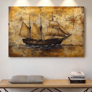 Vintage Piratenschiff Leinwand, Nautische Wandkunst, Antike Karte Druck, Altes Segelschiff Gemälde, Rustikales Maritimes Dekor, Historisches Schiff