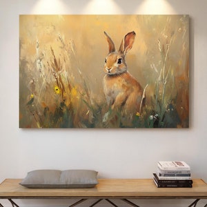 Whimsical Rabbit in Meadow Canvas Wall Art - Rustic Farmhouse Nature-Inspired Animal Artwork for Cozy Home Decor