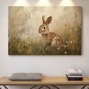 Rustic Rabbit Canvas Art, Vintage Bunny Painting, Woodland Animal Print, Farmhouse Nature Wall Decor, Cottagecore Aesthetic Poster