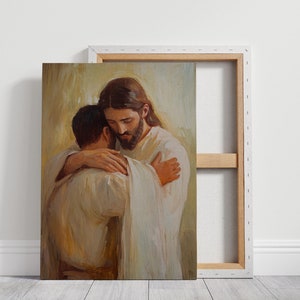 Jesus Embracing a Man - Touching Christian Art Canvas, Love and Forgiveness Wall Decor, Inspirational Religious Painting