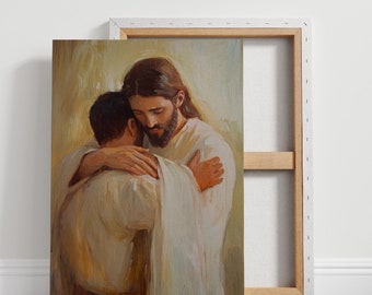 Jesús abraza a un hombre: lienzo conmovedor de arte cristiano, decoración de pared de amor y perdón, pintura religiosa inspiradora