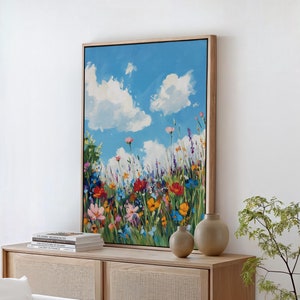 Vibrant Wildflowers Against a Blue Sky - Colorful Floral Canvas Wall Art - Cheerful Nature-Inspired Home Decor for Living Room or Bedroom