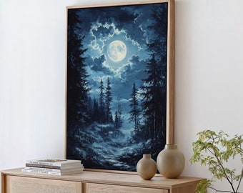 満月の風景画 松の木 オリジナルアート 夜の森 油絵 月光