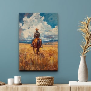 Cowboy Riding Into The Horizon Ready To Hang Canvas Wall Art Print, Western Canvas Art, Cowboy Art, Home Decor, Cowboy Art Prints