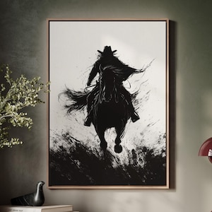 Intense Black Ink Cowboy and Horse Wall Art - Western Outlaw Minimalist Silhouette Print for Ranch and Wild West Home Decor