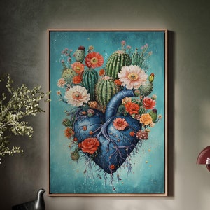 Cactus Heart Botanical Wall Art | Vibrant Succulent Bloom Canvas Print | Unique Nature-Inspired Decor with Floral Cacti in Heart Shape