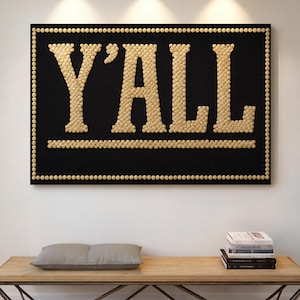 Arte de pared occidental tipográfico Y&#39;all: impresión en lienzo de estilo sureño con letras en forma de cuerda sobre fondo negro